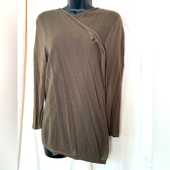 "August Silk" Women's L Viscose Asymmetrical Sweater Olive Green Lightweight - Picture 3 of 5